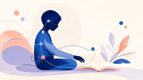 Illustrazione di un bambino che organizza postura, sguardo e mani durante l’apprendimento