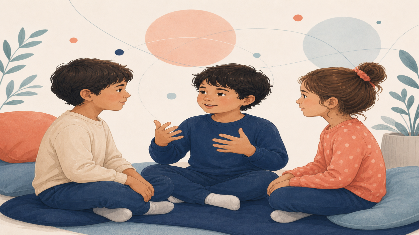 Tre bambini partecipano a uno scambio sociale con tempi e modalità differenti