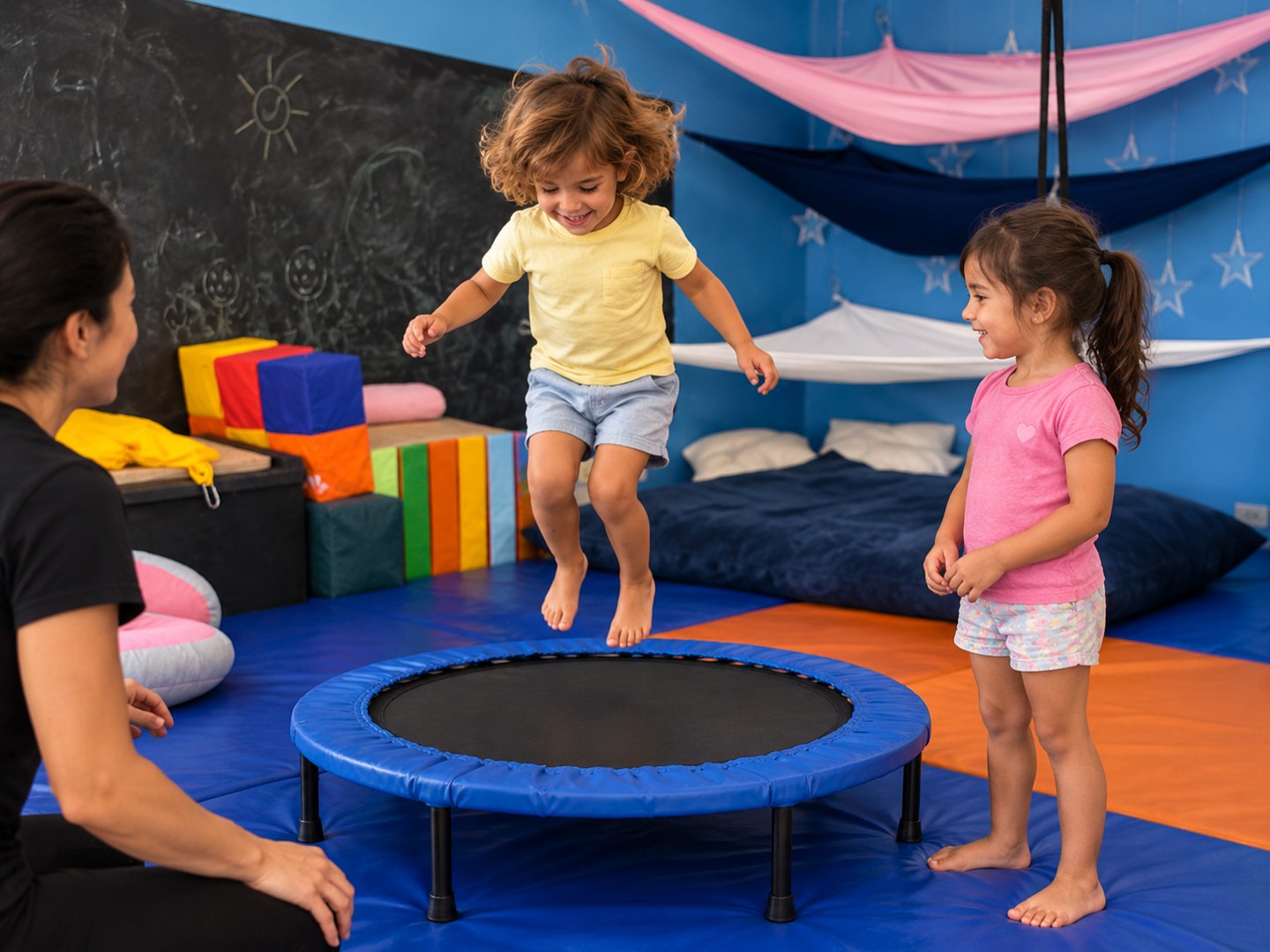 Bambini di 4-5 anni durante il gioco sul piccolo trampolino tondo negli spazi del Centro