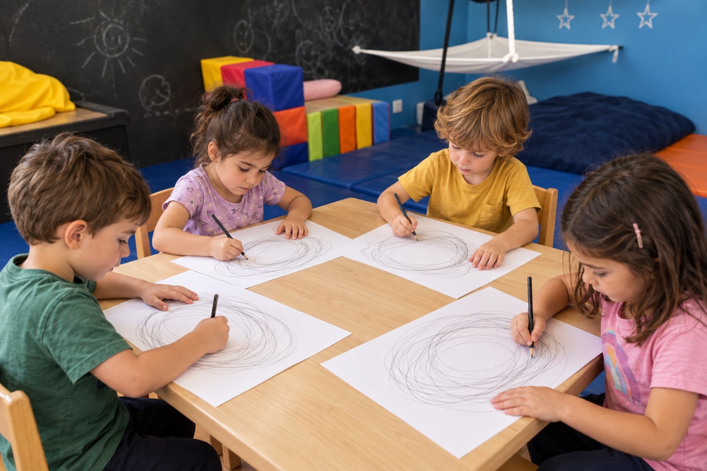 Quattro bambini al tavolo eseguono tracciati scivolati a matita su fogli A3